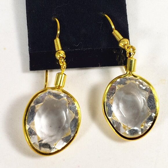 Elegant Clear Gem 1.5" Drop Earrings – Gold Tone Oval Dangle Lightweight Jewelry - Picture 4 of 8